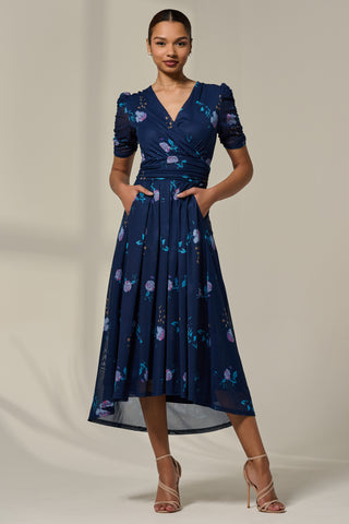 Petite Wrap Front Ruched Sleeve Midi Dress, Navy Floral