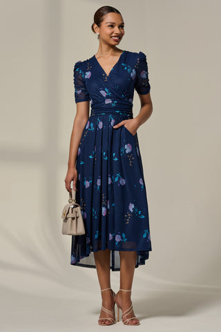 Petite Wrap Front Ruched Sleeve Midi Dress, Navy Floral