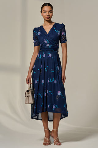 Petite Wrap Front Ruched Sleeve Midi Dress, Navy Floral