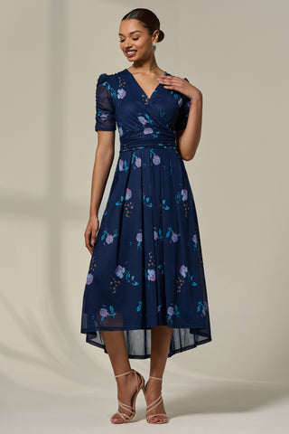 Petite Wrap Front Ruched Sleeve Midi Dress, Navy Floral