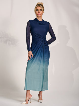 Petite Long Sleeve Mesh Maxi Dress, Green Multi