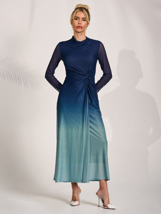 Petite Long Sleeve Mesh Maxi Dress, Green Multi