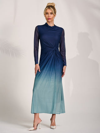 Petite Long Sleeve Mesh Maxi Dress, Green Multi