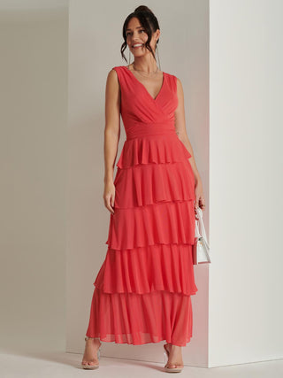 Plain Wrap Bodice Mesh Maxi Dress, Red, Tiered Hemline Detail, Left side