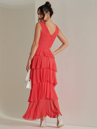 Plain Wrap Bodice Mesh Maxi Dress, Red, Tiered Hemline Detail, Back side