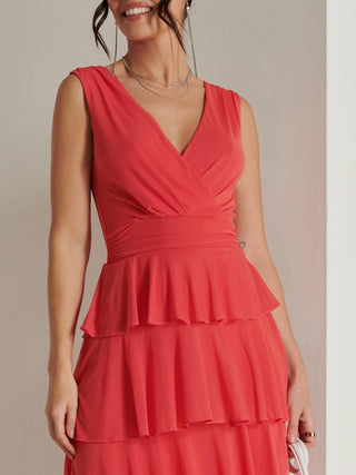 Plain Wrap Bodice Mesh Maxi Dress, Red, Tiered Hemline Detail, Close up