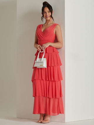 Plain Wrap Bodice Mesh Maxi Dress, Red, Tiered Hemline Detail