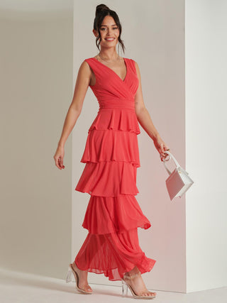 Plain Wrap Bodice Mesh Maxi Dress, Red, Tiered Hemline Detail, Model walking
