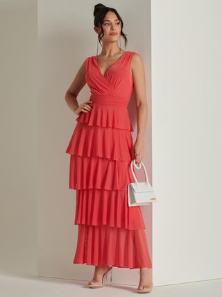 Plain Wrap Bodice Mesh Maxi Dress, Red, Tiered Hemline, Ruched Waistband Detail