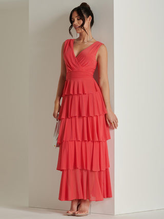 Plain Wrap Bodice Mesh Maxi Dress, Red, Tiered Hemline Detail, Side Image