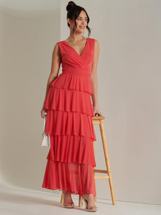 Plain Wrap Bodice Mesh Maxi Dress, Red, Tiered Hemline Detail, Front side