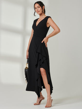 Wrap Front Frill Detail Maxi Dress, Black Jolie Moi Retail Wrap Front Frill Detail Maxi Dress, Black Jolie Moi Retail