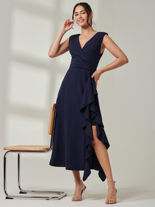 Wrap Front Frill Detail Maxi Dress, Navy