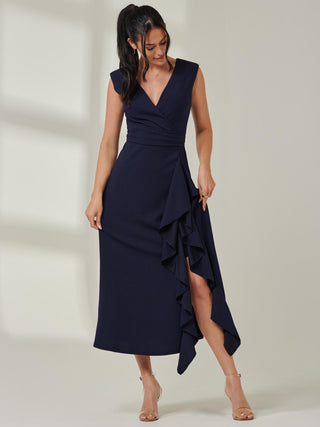 Wrap Front Frill Detail Maxi Dress, Navy