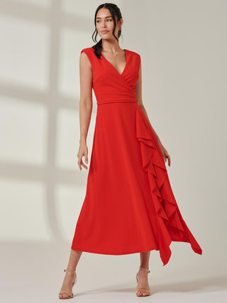 Wrap Front Frill Detail Maxi Dress, Red