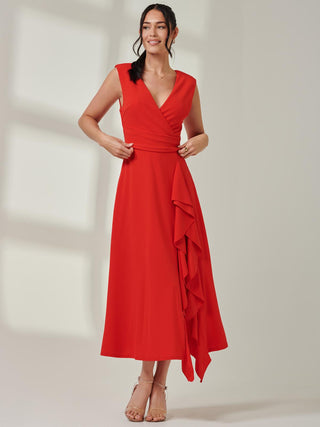 Wrap Front Frill Detail Maxi Dress, Red