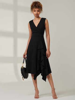Ruffle Detail Midi Dress, Black