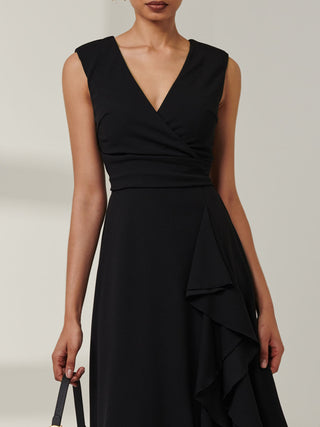 Ruffle Detail Midi Dress, Black