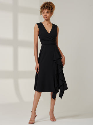 Ruffle Detail Midi Dress, Black