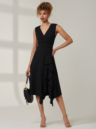 Ruffle Detail Midi Dress, Black