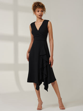 Ruffle Detail Midi Dress, Black