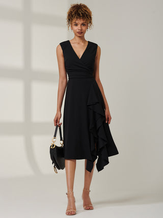 Ruffle Detail Midi Dress, Black