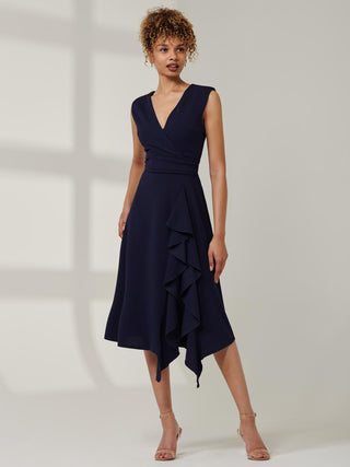 Qiana Ruffle Detail Midi Dress, Navy