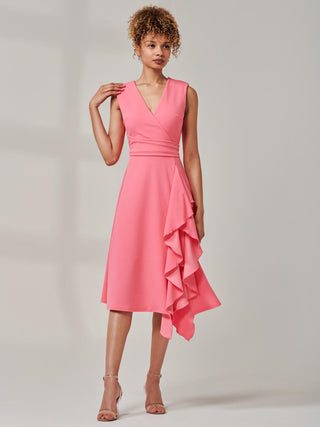 Qiana Ruffle Detail Midi Dress, Pink