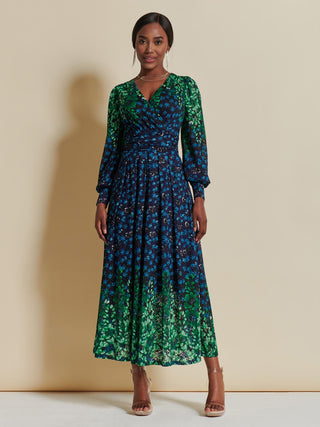 Quiyn Symmetrical Print Lace Maxi Dress, Blue Multi
