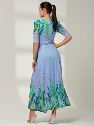 Kinley Print Wrap Mesh Maxi Dress, Green Multi, Blue, Leaf Print, 3/4 Sleeve, Ruched Sleeve, Back Side