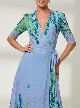 Kinley Print Wrap Mesh Maxi Dress, Green Multi, Blue, Leaf Print, 3/4 Sleeve, Ruched Sleeve, V-neckline, Self Tie Waist, Wrap Dress, Close up Image 