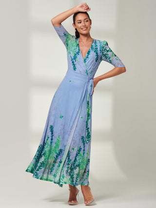 Mesh Maxi Dress, Green Multi, Blue, Leaf Print, 3/4 Sleeve,V-neckline, Self Tie Waist, Front Side