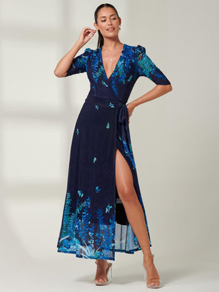 Kinley Print Wrap Mesh Maxi Dress, Navy Leafy, Leaf Print, 3/4 Sleeve, Ruched Sleeve, Self Tie Waist, Wrap Dress, Front Slit Detail, Front Image