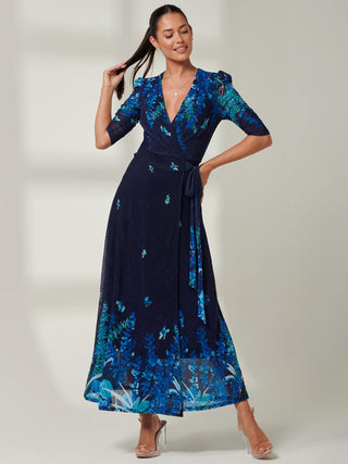 Wrap Mesh Maxi Dress, Navy Leafy, Leaf Print, 3/4 Sleeve, Ruched Sleeve, Self Tie Waist, Wrap Dress, Front Image