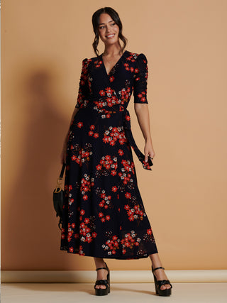 navy and orange dress Qaliyah Wrap Front Mesh Maxi Dress, Navy Orange Floral – Jolie Moi Retail