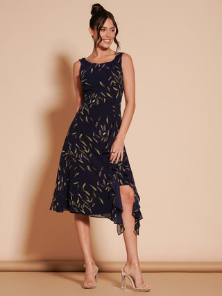 Print Frill Hem Chiffon Midi Dress, Navy Multi