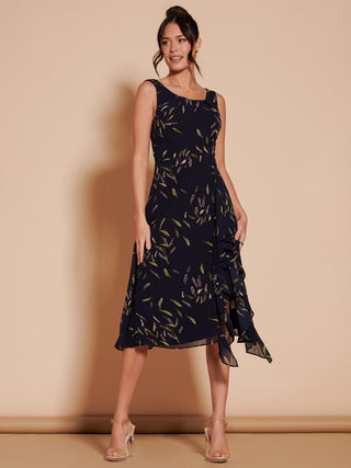 Print Frill Hem Chiffon Midi Dress, Navy Multi