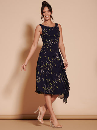 Print Frill Hem Chiffon Midi Dress, Navy Multi