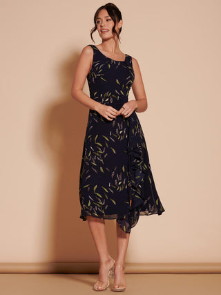 Print Frill Hem Chiffon Midi Dress, Navy Multi