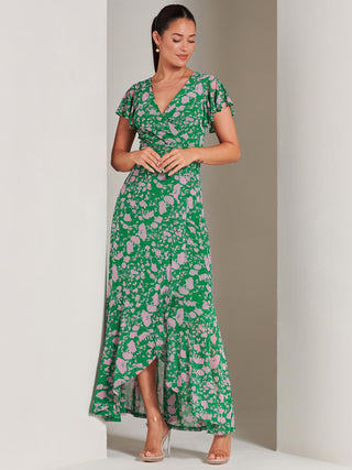 Gisselle Ruffle Hem Mesh Maxi Dress, Green Floral