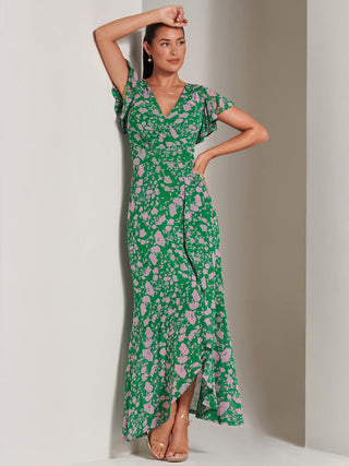 Gisselle Ruffle Hem Mesh Maxi Dress, Green Floral