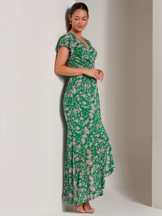 Gisselle Ruffle Hem Mesh Maxi Dress, Green Floral