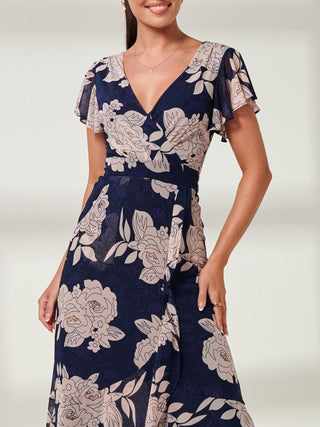 Gisselle Ruffle Hem Mesh Maxi Dress, Navy Floral