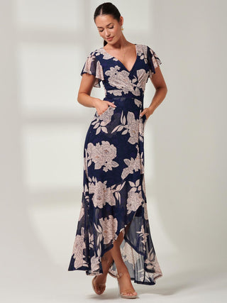 Gisselle Ruffle Hem Mesh Maxi Dress, Navy Floral