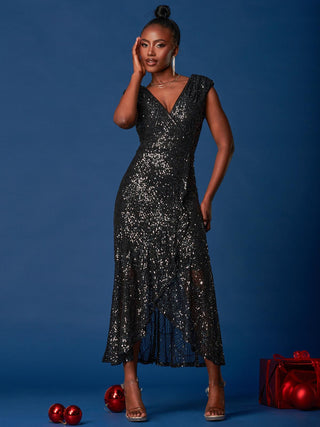 Sequin Wrap Ruffle Hem Maxi Dress, Black Silver