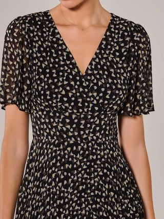 Chiffon Pleated Wrap Midaxi Dress, Black Pattern