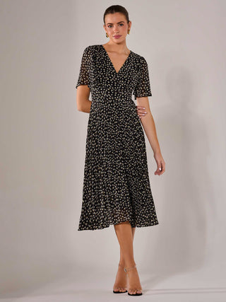 Chiffon Pleated Wrap Midaxi Dress, Black Pattern