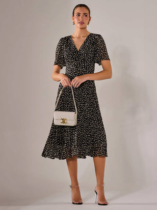 Chiffon Pleated Wrap Midaxi Dress, Black Pattern