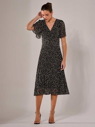 Chiffon Pleated Wrap Midaxi Dress, Black Pattern