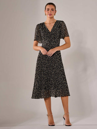 Chiffon Pleated Wrap Midaxi Dress, Black Pattern